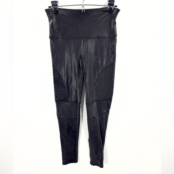 Spanx Womens Faux Leather Moto Leggings Size L Black Stretch Slimming Edgy - Picture 1 of 12